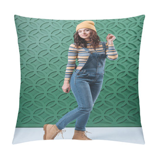 Personality  Woman Posing In Pullover, Hat And Overalls Pillow Covers