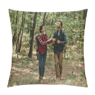 Personality  Couple Of Travelers With Backpacks Hiking In Forest Pillow Covers