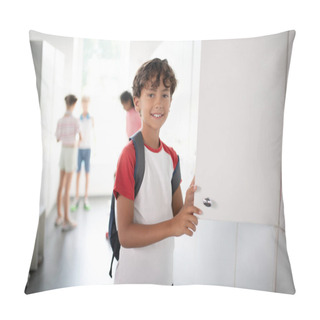 Personality  Dark-haired Schoolboy Standing Near Locker At School Pillow Covers