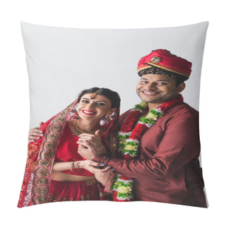 Personality  Positive Indian Husband And Wife In Traditional Clothing Holding Hands Isolated On Grey Pillow Covers