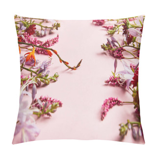 Personality  Diverse Fresh Wildflowers On Pink Background With Copy Space Pillow Covers