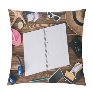 Personality  Top View Of Empty Notebook With Gadgets And Travel Items Around Pillow Covers
