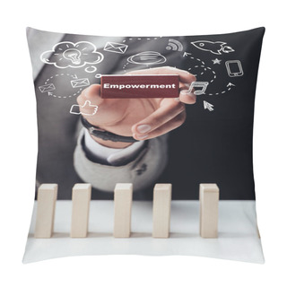 Personality  Partial View Of Man Holding Red Brick With Word 'empowerment' Isolated On Black, Icons On Foreground Pillow Covers