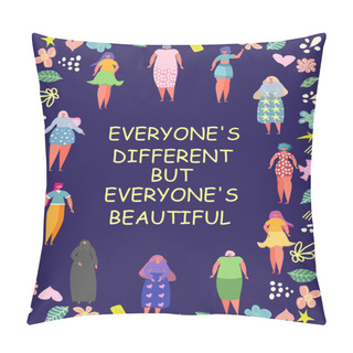 Personality  The Inscription Is All Different But Each Is Beautiful. Illustration Graphic Group Of Women, Girls, Power, Strong, Strength. Girl Power Pillow Covers
