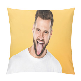 Personality  Handsome Funny Man Showing Tongue Isolated On Yellow Pillow Covers
