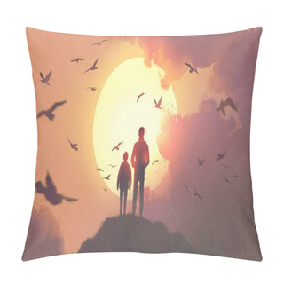 Personality  Silhouette Of Father And Son Standing On The Mountain Looking At The Sun Rising In The Sky, Digital Art Style, Illustration Painting Pillow Covers