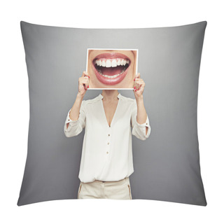 Personality  Woman Holding Picture With Big Smile Pillow Covers