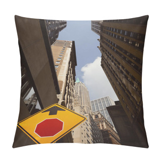 Personality  Low Angle View Of Road Sign, Tall Buildings And Skyscrapers In New York City, Urban Atmosphere Pillow Covers