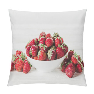 Personality  Close-up Shot Of Bowl Of Strawberries On White Surface Pillow Covers