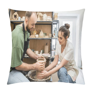 Personality  Positive Couple Of Potters Shaping Clay Vase On Pottery Wheel Together In Ceramic Studio Pillow Covers