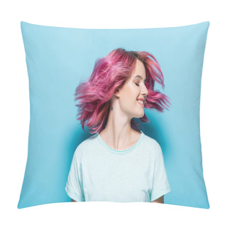 Personality  Young Woman Waving Pink Hair On Blue Background Pillow Covers