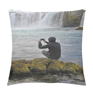 Personality  Iceland, Man Take Picture Of Godafoss Waterfall Pillow Covers
