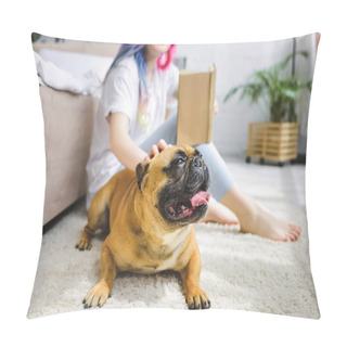 Personality  Selective Focus Of Frenchie Laying On Floor And Girl With Colorful Hair  Pillow Covers