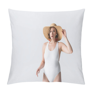 Personality  Overweight And Shocked Woman In Earrings And Swimsuit Adjusting Straw Hat Isolated On White Pillow Covers