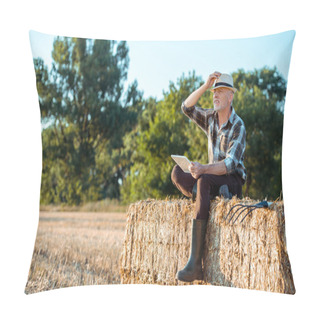 Personality  Senior Farmer Using Digital Tablet While Sitting On Bale Of Hay  Pillow Covers