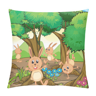 Personality  Four Rabbits Playing At The Forest Pillow Covers
