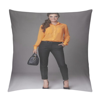 Personality  Beautiful Sexy Young Business Woman With Evening Makeup Dressed In Tight Pants Silk Blouse With Lace Long Sleeves High-heeled Shoes And A Small Black Handbag, Business Clothes For Meetings And Walks Pillow Covers