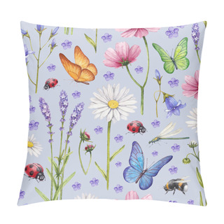 Personality  Wild Flowers And Insects Illustration. Watercolor Summer Pattern Pillow Covers