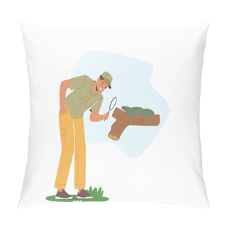 Personality  Scientist Naturalist Explore Fauna Creatures In Natural Habitat. Zoologist Male Character Looking On Lizard Through Magnifying Glass. Man Naturalist Learning Animal. Cartoon People Vector Illustration Pillow Covers