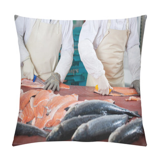 Personality  Workers Slicing Fishes At Table Pillow Covers