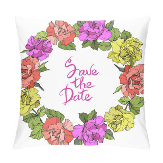 Personality  Vector. Roses Floral Wreath. Purple, Yellow And Coral Rose Flowers Engraved Ink Art. Save The Date Handwriting Monogram Calligraphy. Pillow Covers