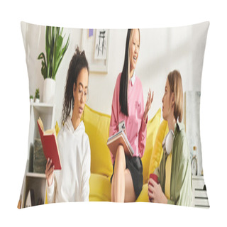 Personality  Diverse Group Of Women, Including Interracial Teenage Girls, Sitting Together And Studying On A Bright Yellow Couch. Pillow Covers
