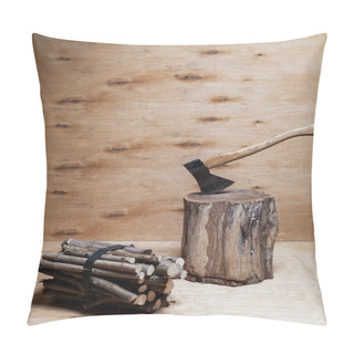 Personality  Ax And Firewood. The Ax Sticks Out In A Stump Against A Background Of Light Plywood. Nearby Lies A Bundle Of Round Firewood. Stains Are Visible On A Vertical Plywood Shee Pillow Covers