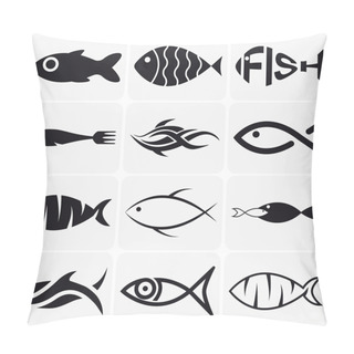 Personality  Set Of Creative Black Fish Icons On White Background Pillow Covers