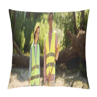Personality  A Diverse, Socially Active Couple, In Safety Vests And Gloves, Standing Together In Dirt, Cleaning A Park With Care. Pillow Covers