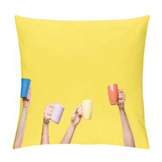 Personality  Cropped Shot Of Male And Female Hands Holding Colorful Cups Isolated On Yellow Pillow Covers