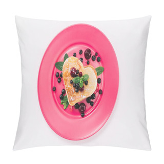 Personality  Top View Of Heart Shaped Pancake With Berries And Mint Isolated On White, Valentines Day Concept Pillow Covers