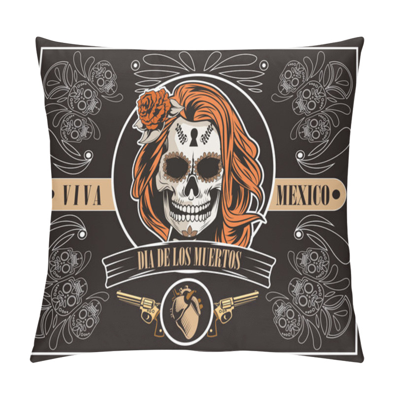 Personality  dia de los muertos celebration with woman skull and heart in brown background pillow covers