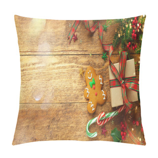 Personality  Christmas Background With Gift Box, Gingerbread Cookies, Branches Of Holly And Fir On Wooden Background. Winter Festive Concept. Flat Lay, Copy Space. Pillow Covers
