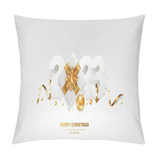 Personality  Happy New Year 2023. White Paper Numbers With Golden Ribbons, Gift Box And Confetti On A White Background. Pillow Covers