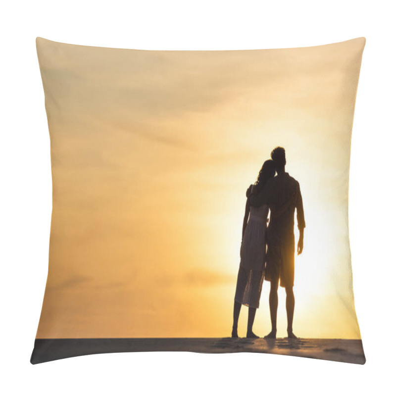 Personality  silhouettes of man and woman hugging on beach against sun during sunset pillow covers