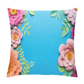 Personality  Top View Of Multicolored Paper Cut Flowers With Green Leaves On Blue Background With Copy Space Pillow Covers