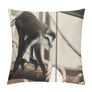 Personality  Selective Focus Of Cute Monkey Near Ropes Sitting On Wooden Log  Pillow Covers
