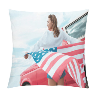 Personality  Attractive Young Woman With Usa Flag Standing Near Red Car Pillow Covers