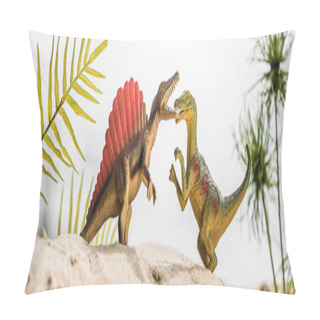 Personality  Selective Focus Of Toy Dinosaurs Roaring On Sand Dune With Tropical Leaves, Panoramic Shot Pillow Covers