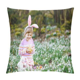 Personality  Little Girl With Easter Bunny Ears Making Egg Hunt In Spring Forest On Sunny Day, Outdoors. Cute Happy Child With Lots Of Snowdrop Flowers, Huge Chocolate Egg And Colored Eggs. Pillow Covers