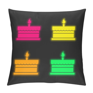 Personality  Birthday Cake With One Burning Candle Four Color Glowing Neon Vector Icon Pillow Covers