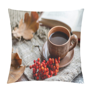 Personality  A Cup Of Coffee, Autumn Leaves, Red Mountain Ash Berries Lying On A Knitted Scarf Against The Background Of An Open Book Pillow Covers