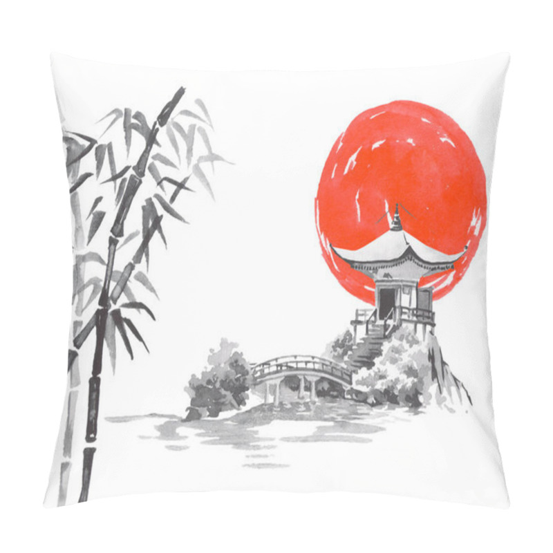 Personality  Japan traditional sumi-e painting. Fuji mountain, sakura, sunset. Japan sun. Indian ink illustration. Japanese picture. pillow covers