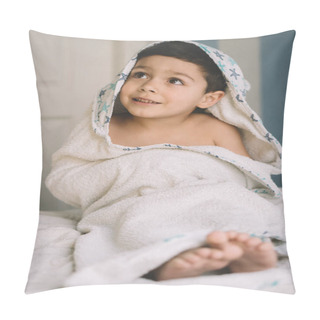 Personality  Selective Focus Of Happy Child, Wrapped In Hooded Towel, Looking Away While Sitting On Bed Pillow Covers