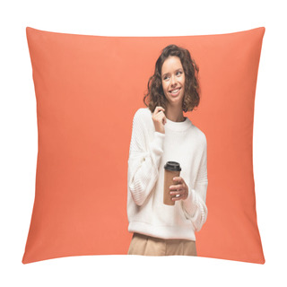 Personality  Smiling Shy Woman Holding Coffee To Go Isolated On Orange Pillow Covers