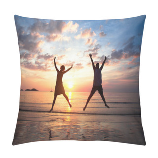 Personality  Concept Of Long-awaited Vacation: Young Couple In A Jump On The Sea Beach At Sunset. Pillow Covers