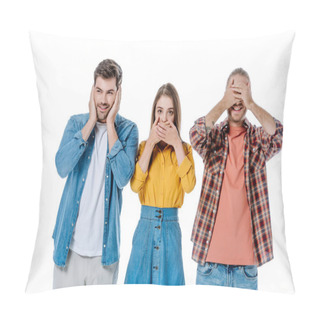 Personality  Smiling Young Friends Showing Three Wise Monkeys Gestures Isolated On White Pillow Covers