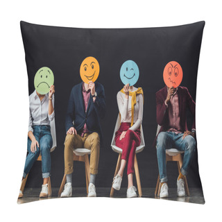 Personality  Group Of People Sitting On Chairs And Holding Face Cards With Various Emotions Isolated On Black Pillow Covers