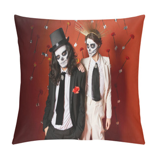 Personality  Elegant Couple In Dia De Los Muertos Skull Makeup Looking At Camera On Red Backdrop With Flowers Pillow Covers