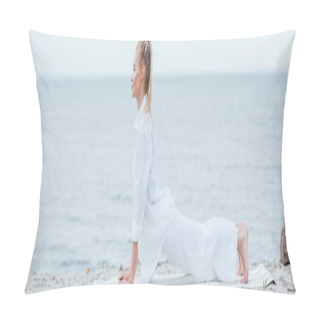 Personality  Panoramic Shot Of Young Woman Practicing Yoga Near River  Pillow Covers